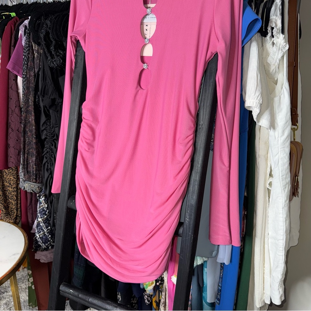 Oh Polly Ruched Cutout Embellished Long Sleeve Bodycon Mini Dress in Hot Pink - Picture 5 of 13